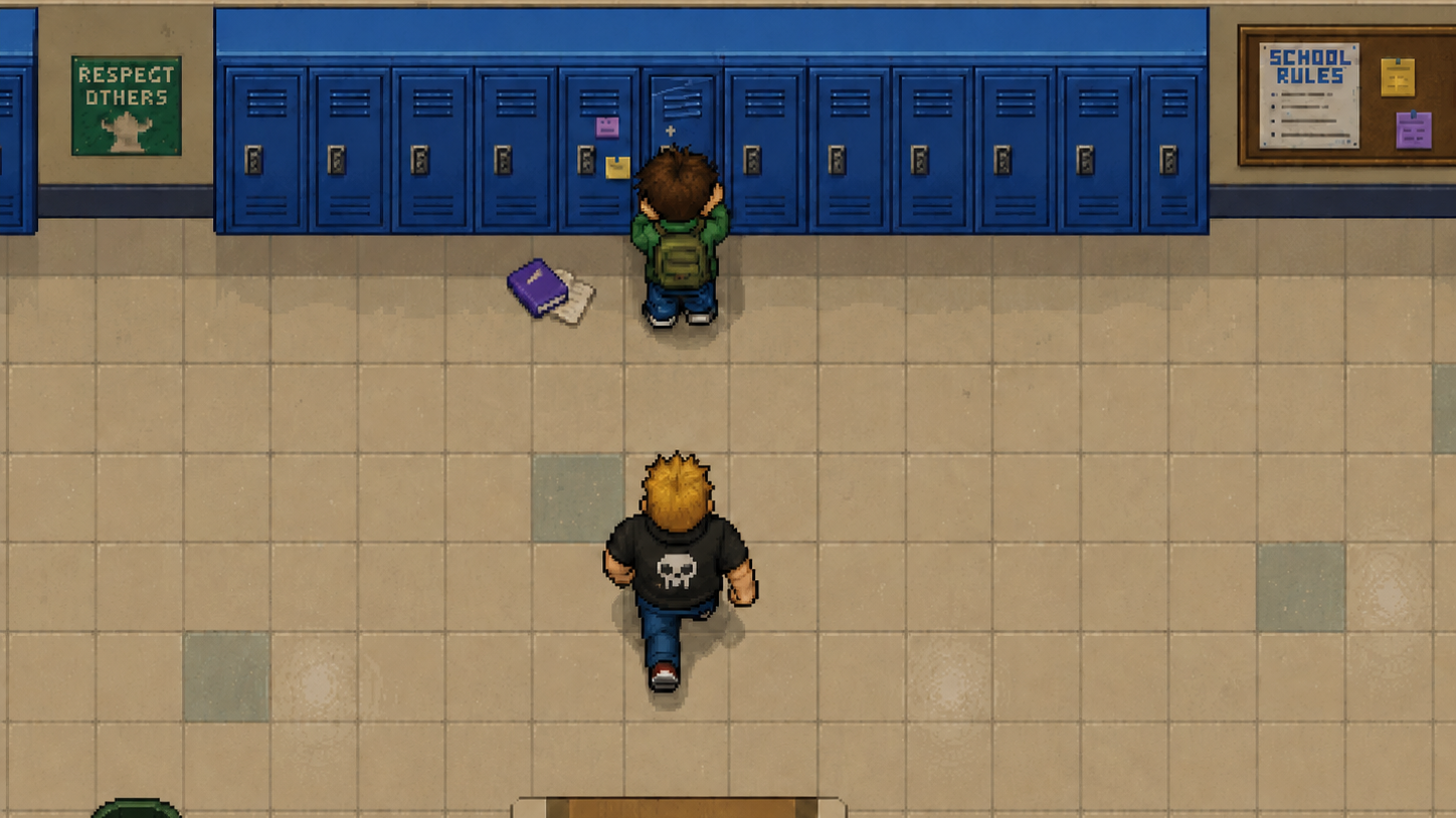 Pixel art school hallway with one student by the lockers and another student behind him