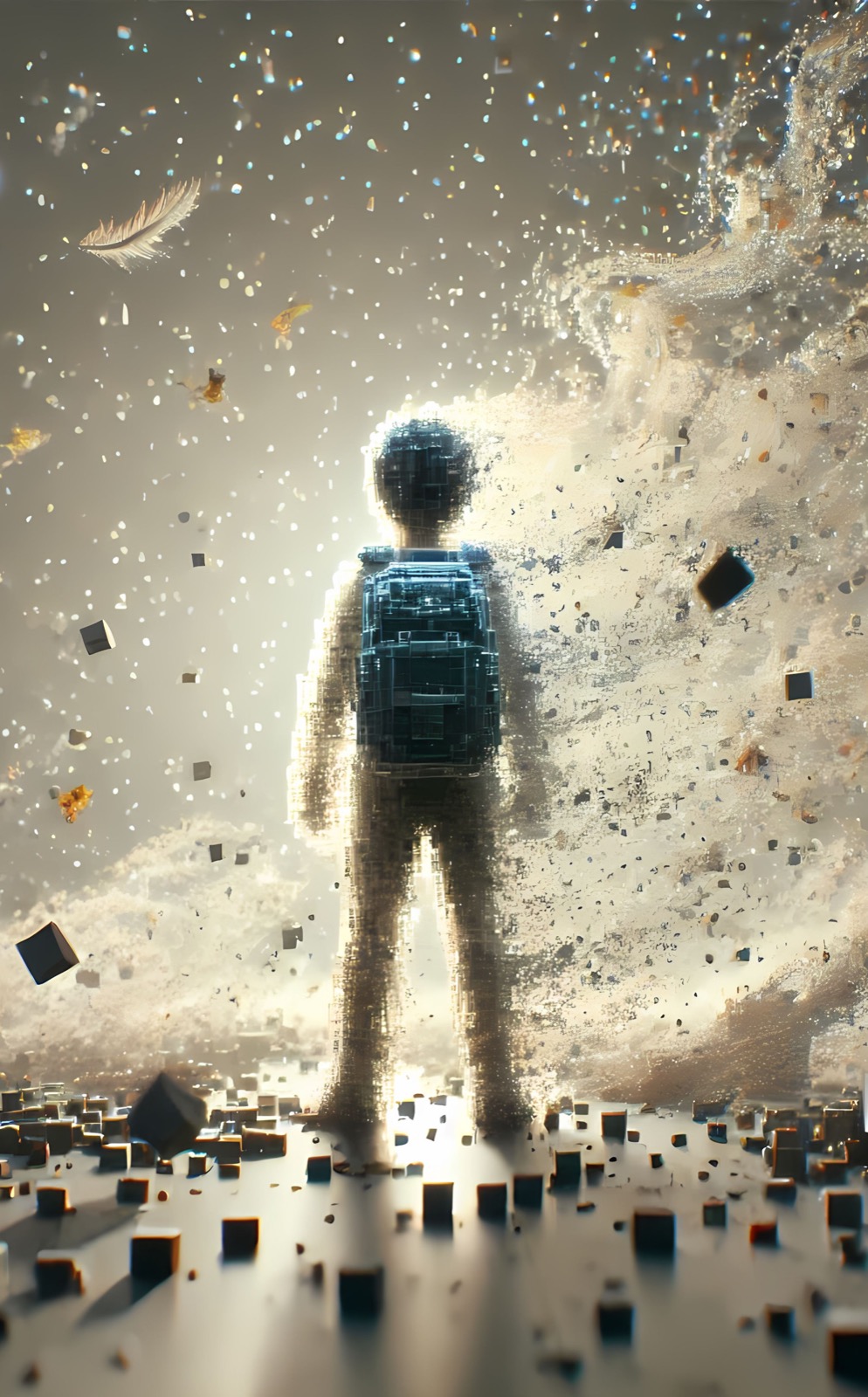 A lone teen figure standing in a storm of glowing blocks